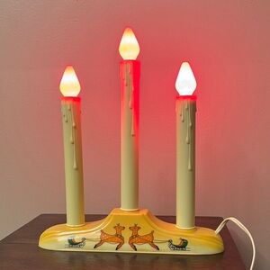 Vintage 3-light “Candolier”With Reindeer and Sleds Drip Candle 3 Red Bulbs